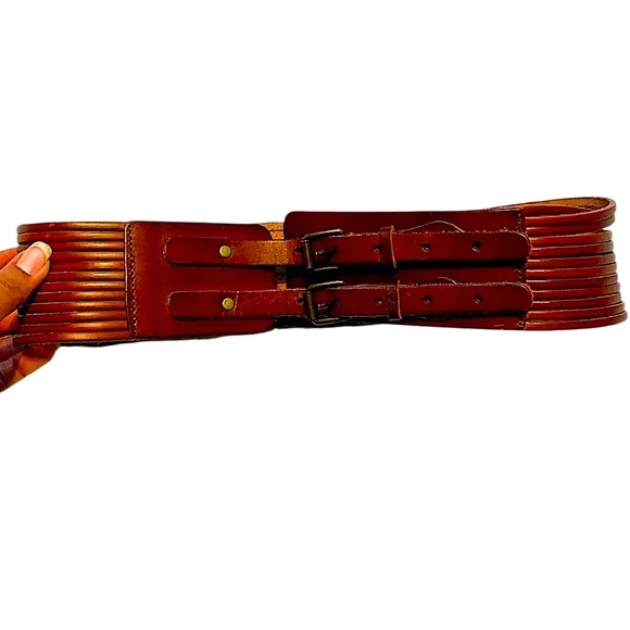 J.Crew double buckle belt Vintage J. Crew Women's S Wide Belt Brown Leather med - Picture 2 of 10